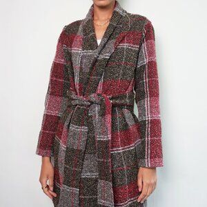Plaid Belted Jacket Cardigan with Belt, Two Pockets, Card Holder